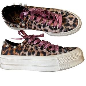 Converse All Stars Brown Animal Print Platform Sneakers Women 6 Pearls Pink Lace